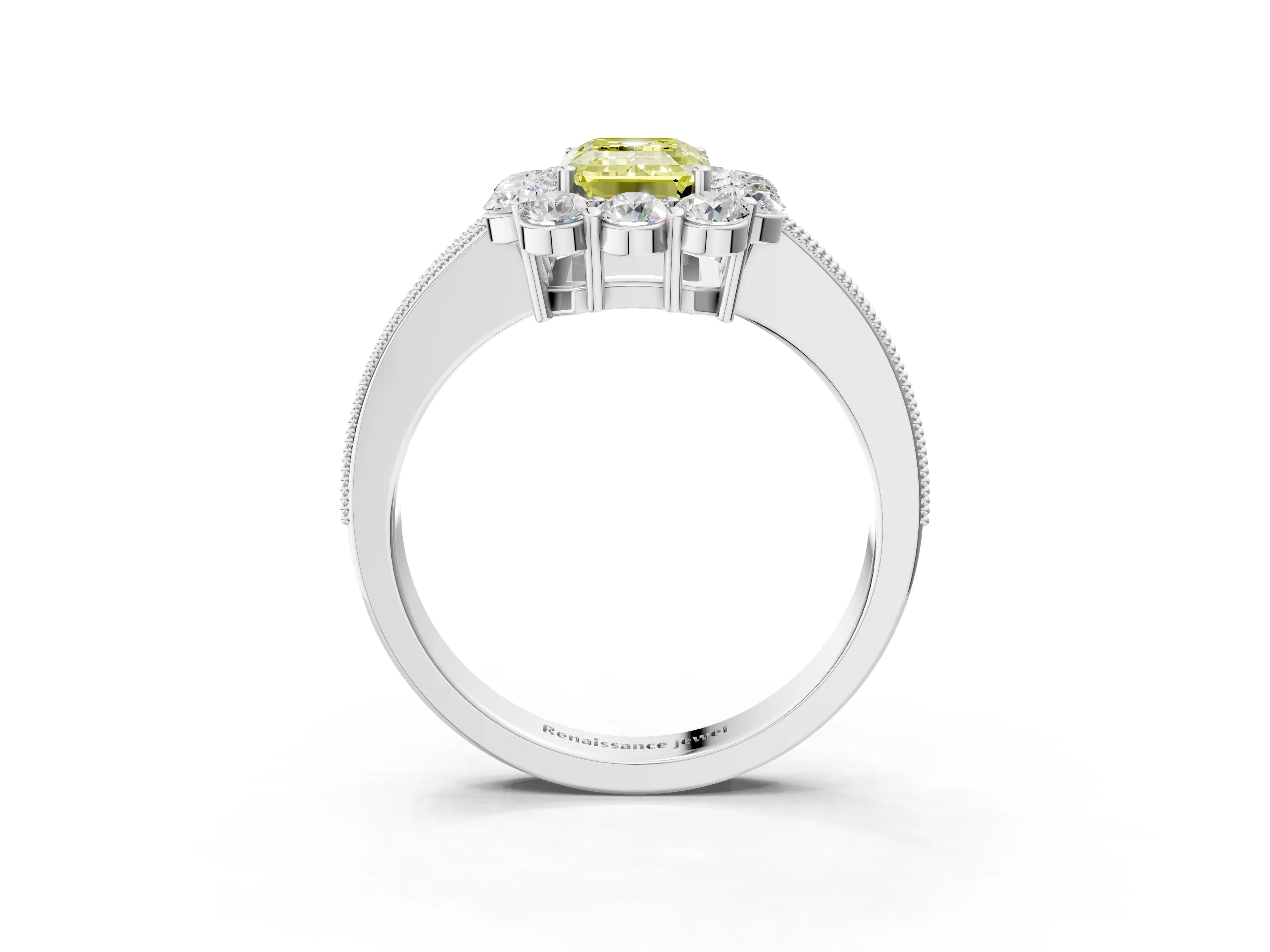 White gold Fancy Yellow Emerald Cut Cut Halo Diamond Pavé Engagement Ring with Milgrain Detailing_15