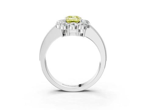 White gold Fancy Yellow Emerald Cut Cut Halo Diamond Pavé Engagement Ring with Milgrain Detailing_15