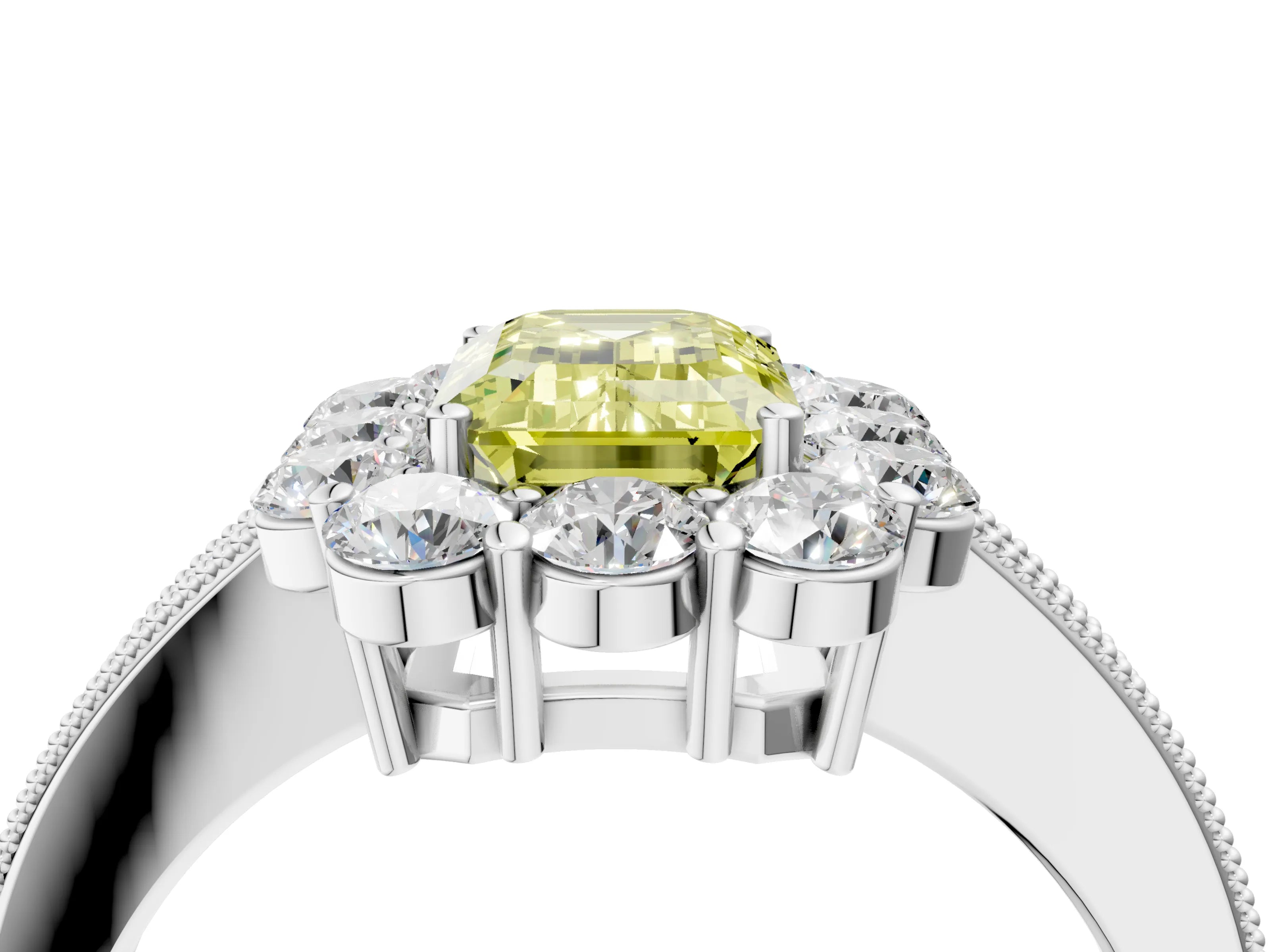 White gold Fancy Yellow Emerald Cut Cut Halo Diamond Pavé Engagement Ring with Milgrain Detailing_16