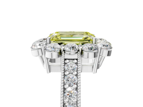 White gold Fancy Yellow Emerald Cut Cut Halo Diamond Pavé Engagement Ring with Milgrain Detailing_17