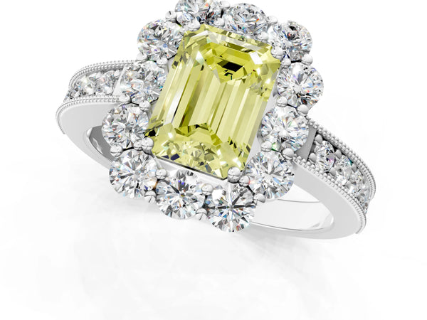 White gold Fancy Yellow Emerald Cut Cut Halo Diamond Pavé Engagement Ring with Milgrain Detailing