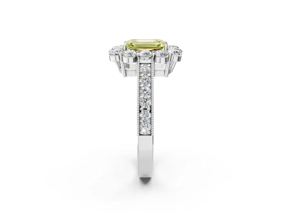 White gold Fancy Yellow Emerald Cut Cut Halo Diamond Pavé Engagement Ring with Milgrain Detailing
