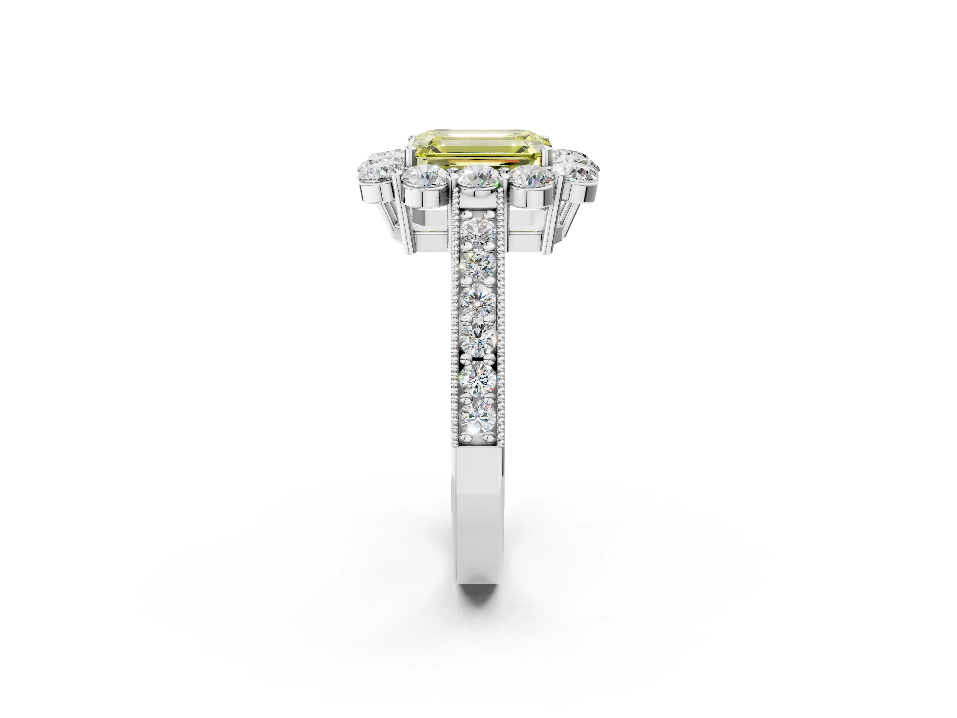 White gold Fancy Yellow Emerald Cut Cut Halo Diamond Pavé Engagement Ring with Milgrain Detailing_38