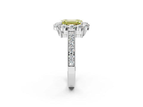 White gold Fancy Yellow Emerald Cut Cut Halo Diamond Pavé Engagement Ring with Milgrain Detailing_38