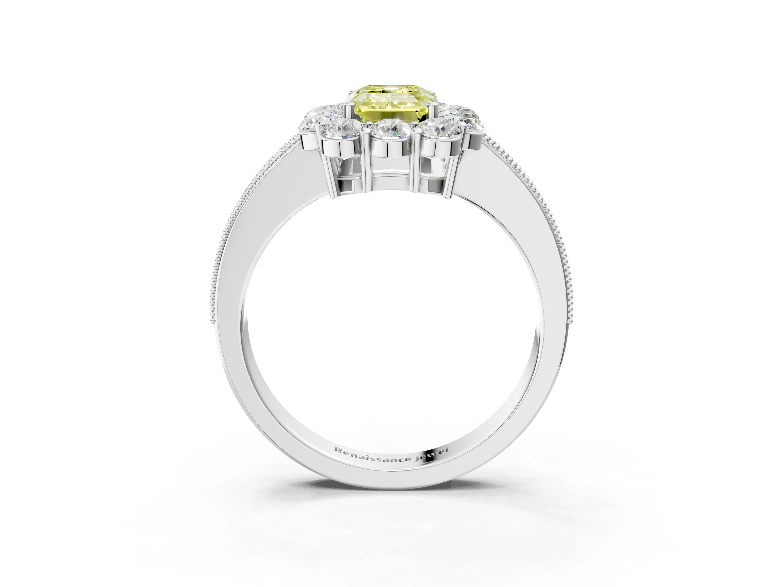 White gold Fancy Yellow Emerald Cut Cut Halo Diamond Pavé Engagement Ring with Milgrain Detailing_39