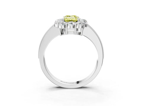 White gold Fancy Yellow Emerald Cut Cut Halo Diamond Pavé Engagement Ring with Milgrain Detailing_39