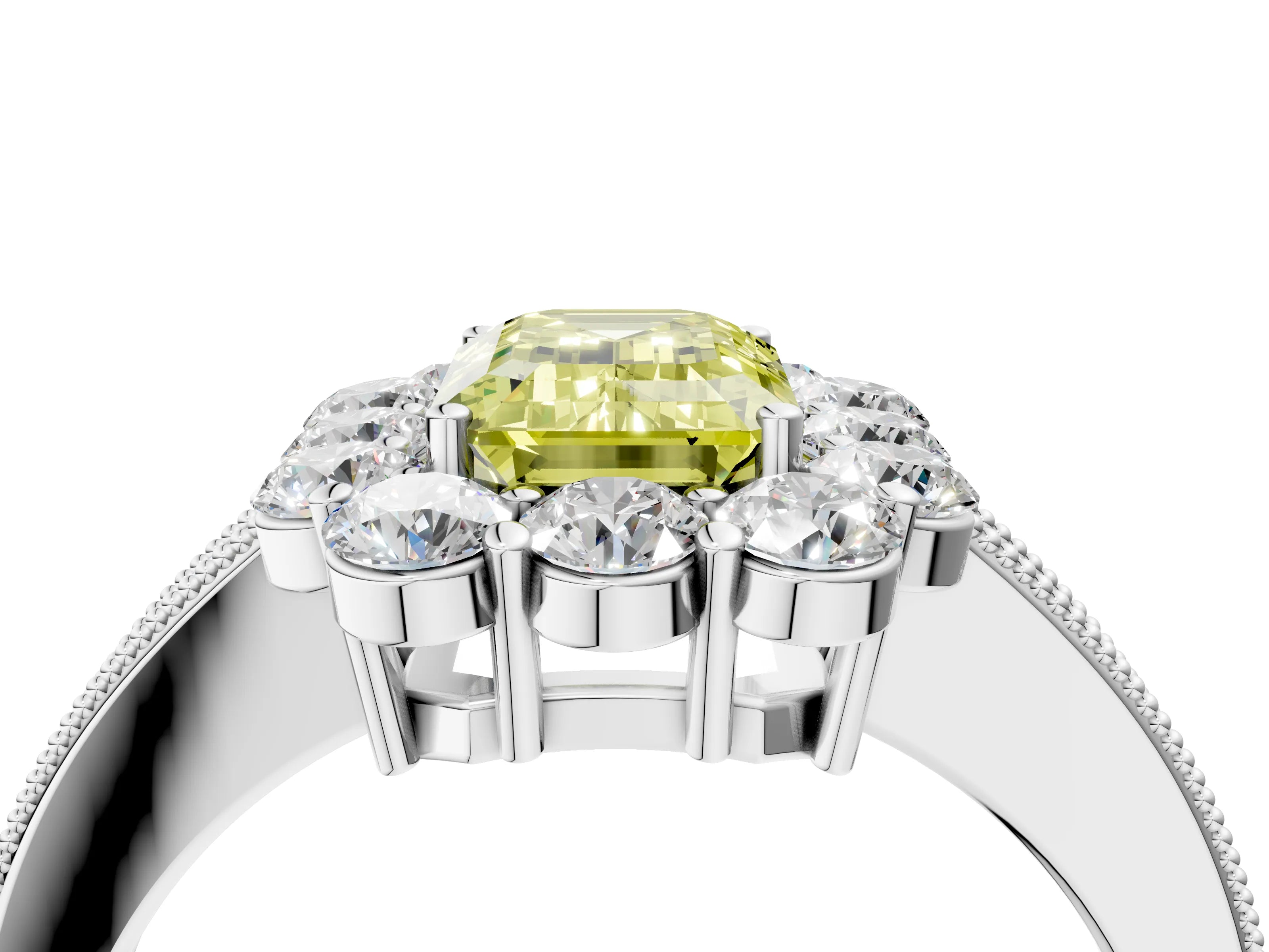White gold Fancy Yellow Emerald Cut Cut Halo Diamond Pavé Engagement Ring with Milgrain Detailing_40