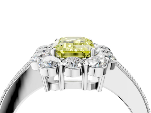 White gold Fancy Yellow Emerald Cut Cut Halo Diamond Pavé Engagement Ring with Milgrain Detailing_40