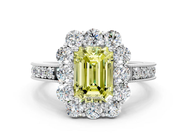 White gold Fancy Yellow Emerald Cut Cut Halo Diamond Pavé Engagement Ring with Milgrain Detailing