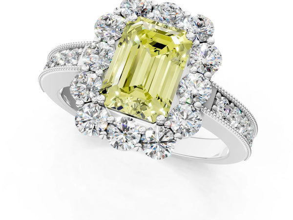 White gold Fancy Yellow Emerald Cut Cut Halo Diamond Pavé Engagement Ring with Milgrain Detailing