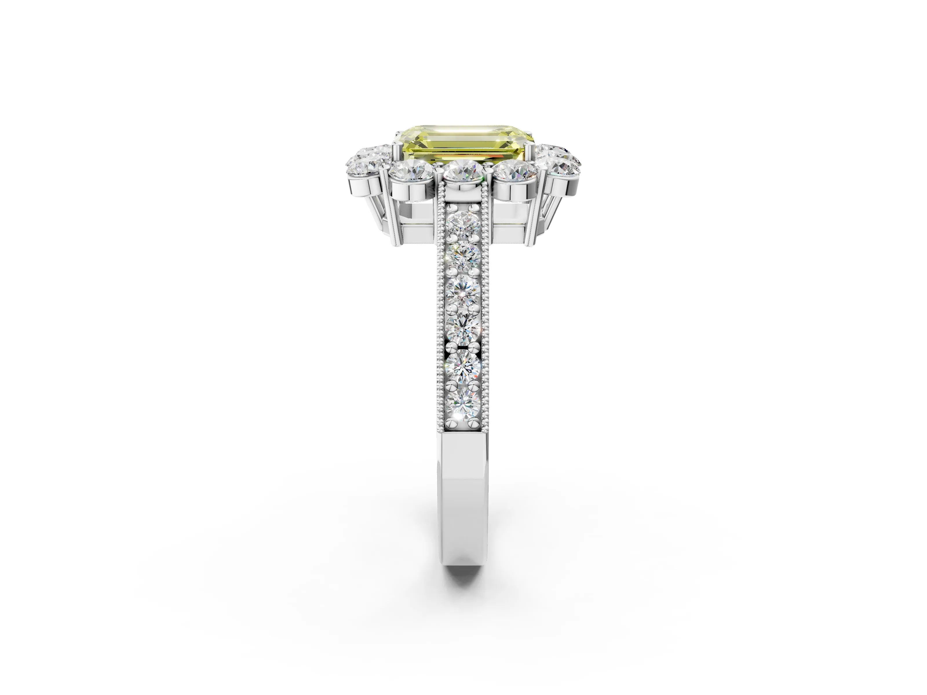 White gold Fancy Yellow Emerald Cut Cut Halo Diamond Pavé Engagement Ring with Milgrain Detailing_50