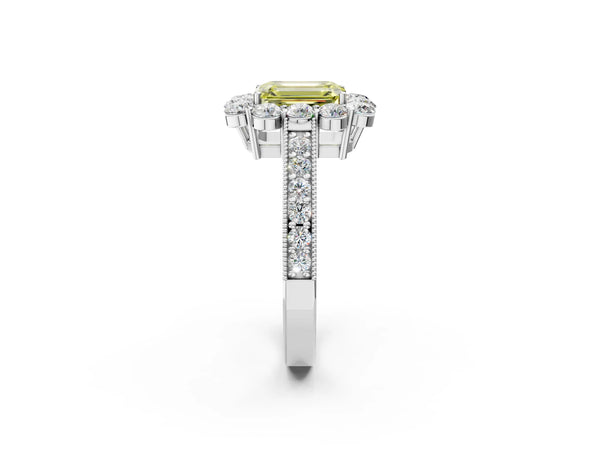 White gold Fancy Yellow Emerald Cut Cut Halo Diamond Pavé Engagement Ring with Milgrain Detailing