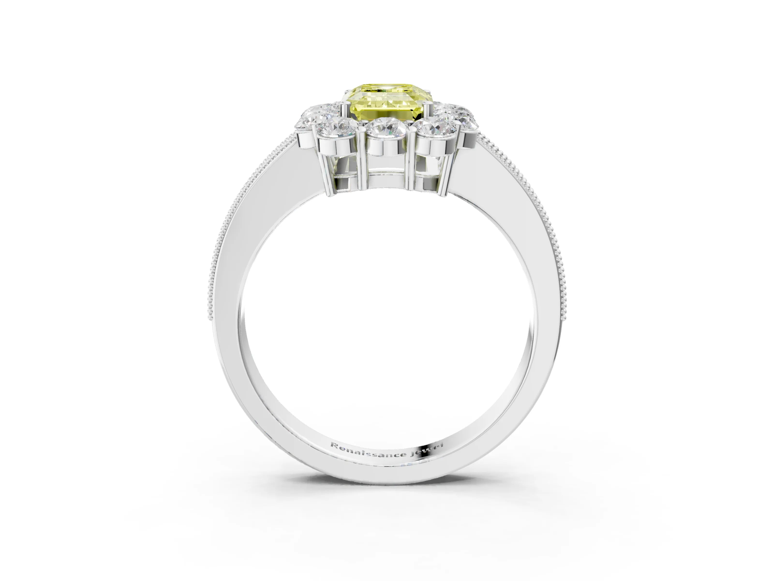 White gold Fancy Yellow Emerald Cut Cut Halo Diamond Pavé Engagement Ring with Milgrain Detailing_51