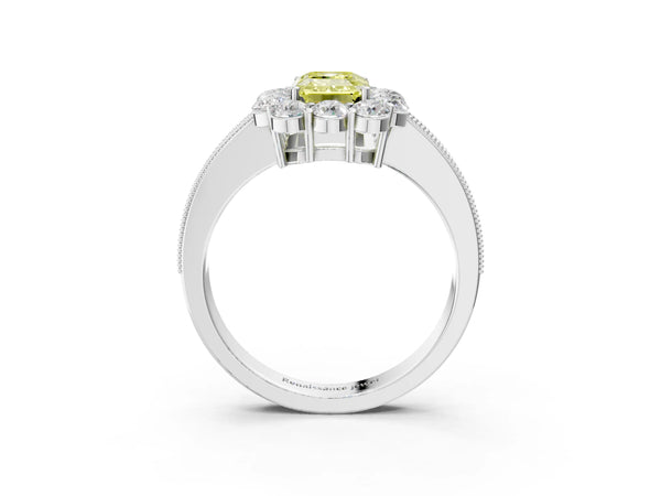 White gold Fancy Yellow Emerald Cut Cut Halo Diamond Pavé Engagement Ring with Milgrain Detailing