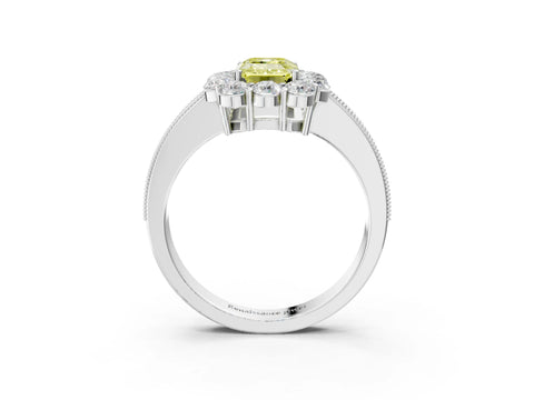 White gold Fancy Yellow Emerald Cut Cut Halo Diamond Pavé Engagement Ring with Milgrain Detailing_51