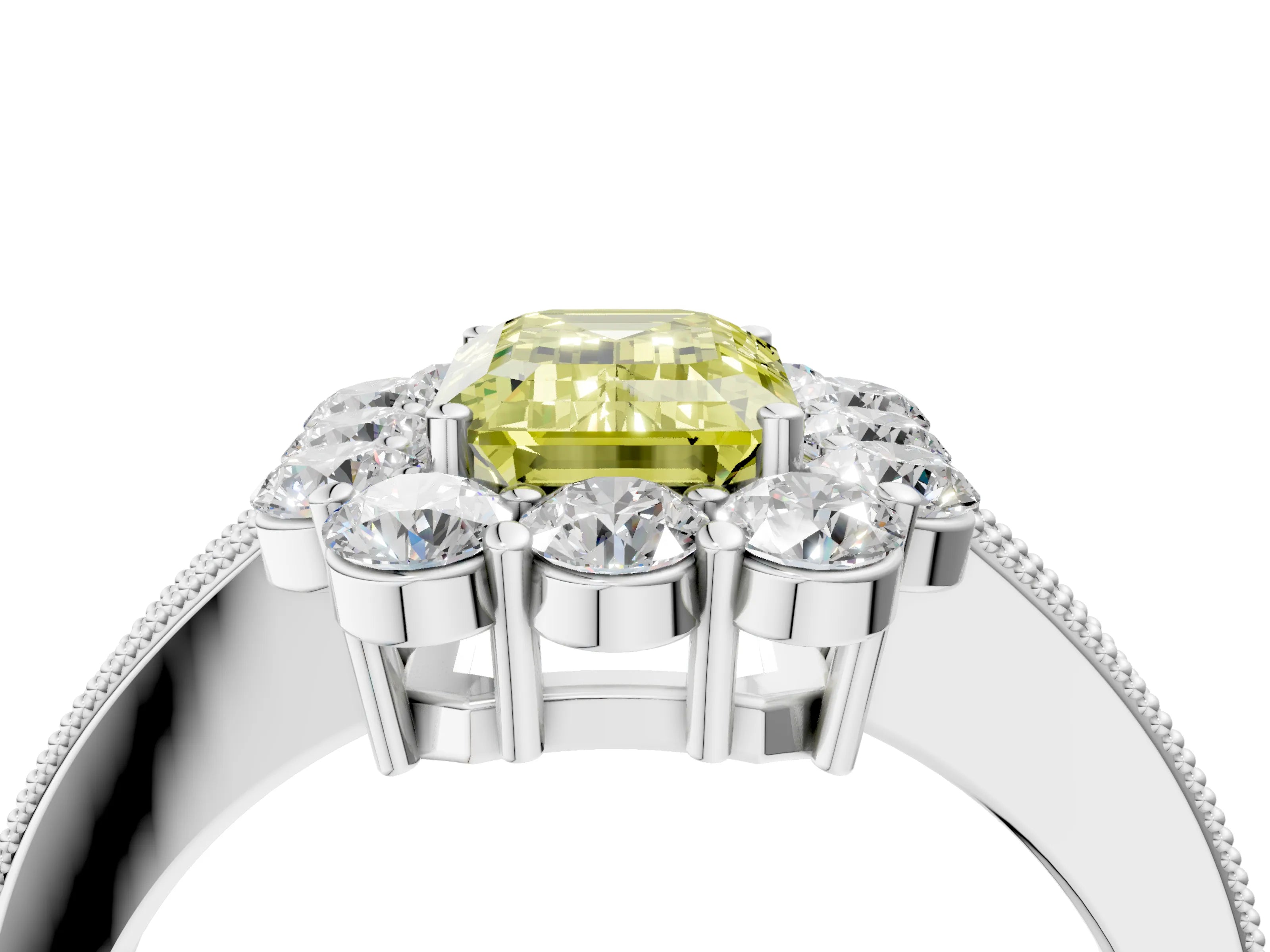White gold Fancy Yellow Emerald Cut Cut Halo Diamond Pavé Engagement Ring with Milgrain Detailing_52
