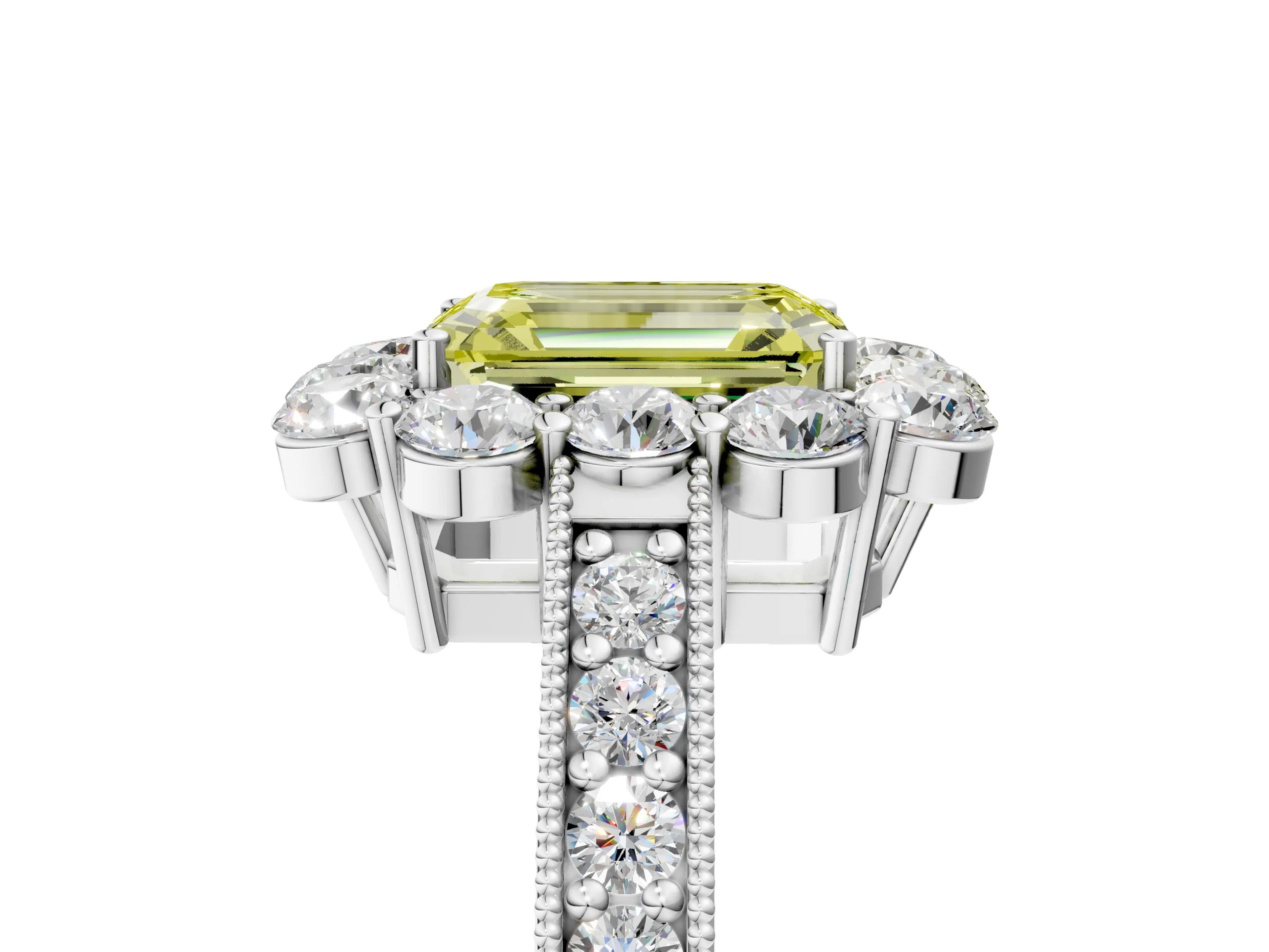 White gold Fancy Yellow Emerald Cut Cut Halo Diamond Pavé Engagement Ring with Milgrain Detailing_53