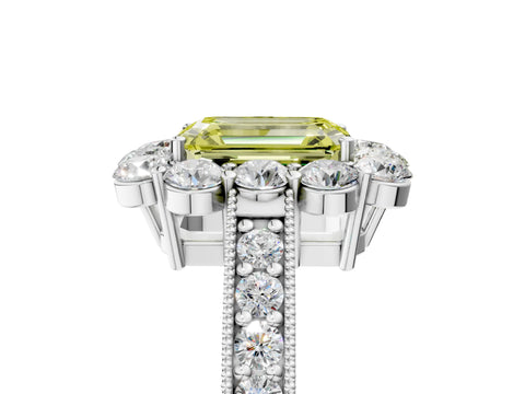 White gold Fancy Yellow Emerald Cut Cut Halo Diamond Pavé Engagement Ring with Milgrain Detailing_53