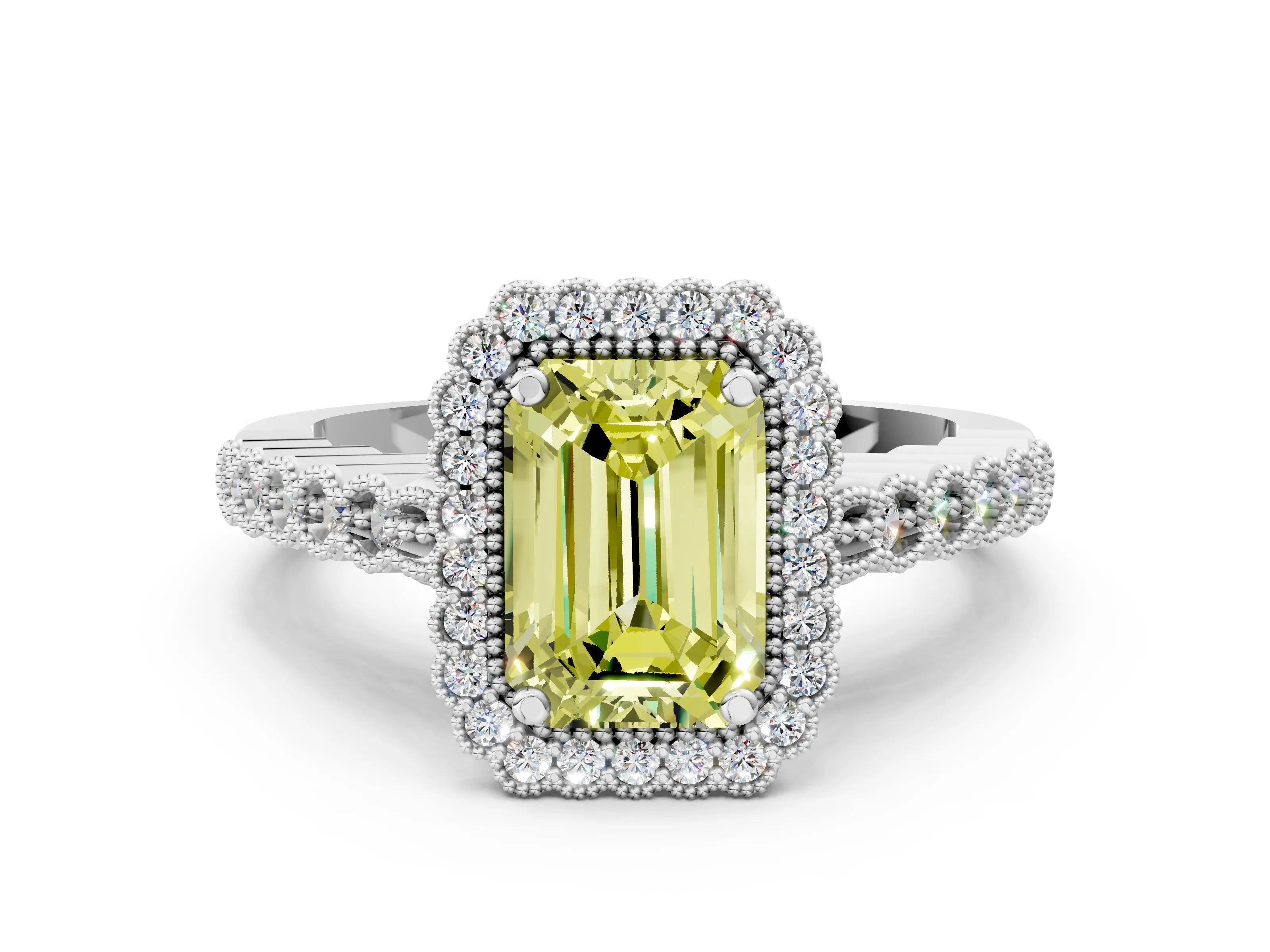 White gold Fancy Yellow Emerald Cut Cut Halo Pavé Solitaire Ring with Milgrain Band_12
