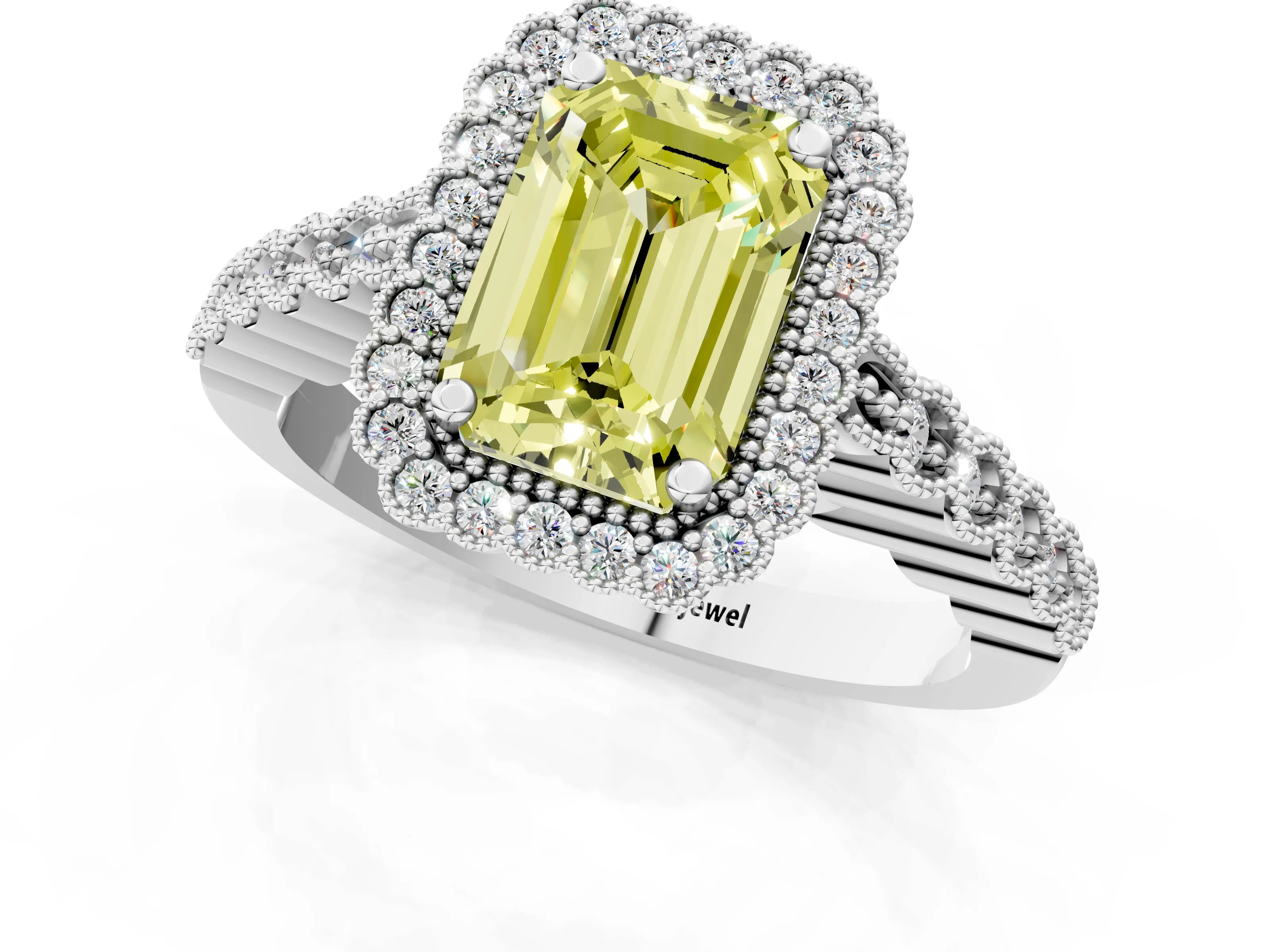 White gold Fancy Yellow Emerald Cut Cut Halo Pavé Solitaire Ring with Milgrain Band_13