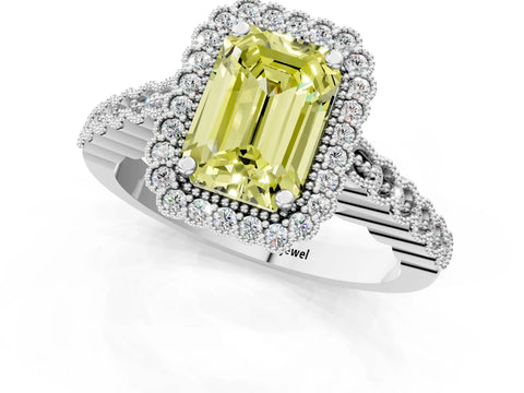 White gold Fancy Yellow Emerald Cut Cut Halo Pavé Solitaire Ring with Milgrain Band_13