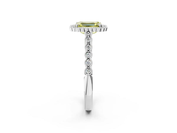Platinum Fancy Yellow Emerald Cut Cut Halo Pavé Solitaire Ring with Milgrain Band