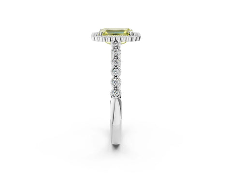 White gold Fancy Yellow Emerald Cut Cut Halo Pavé Solitaire Ring with Milgrain Band_14