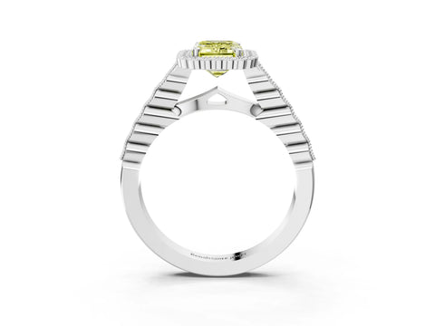 White gold Fancy Yellow Emerald Cut Cut Halo Pavé Solitaire Ring with Milgrain Band_15