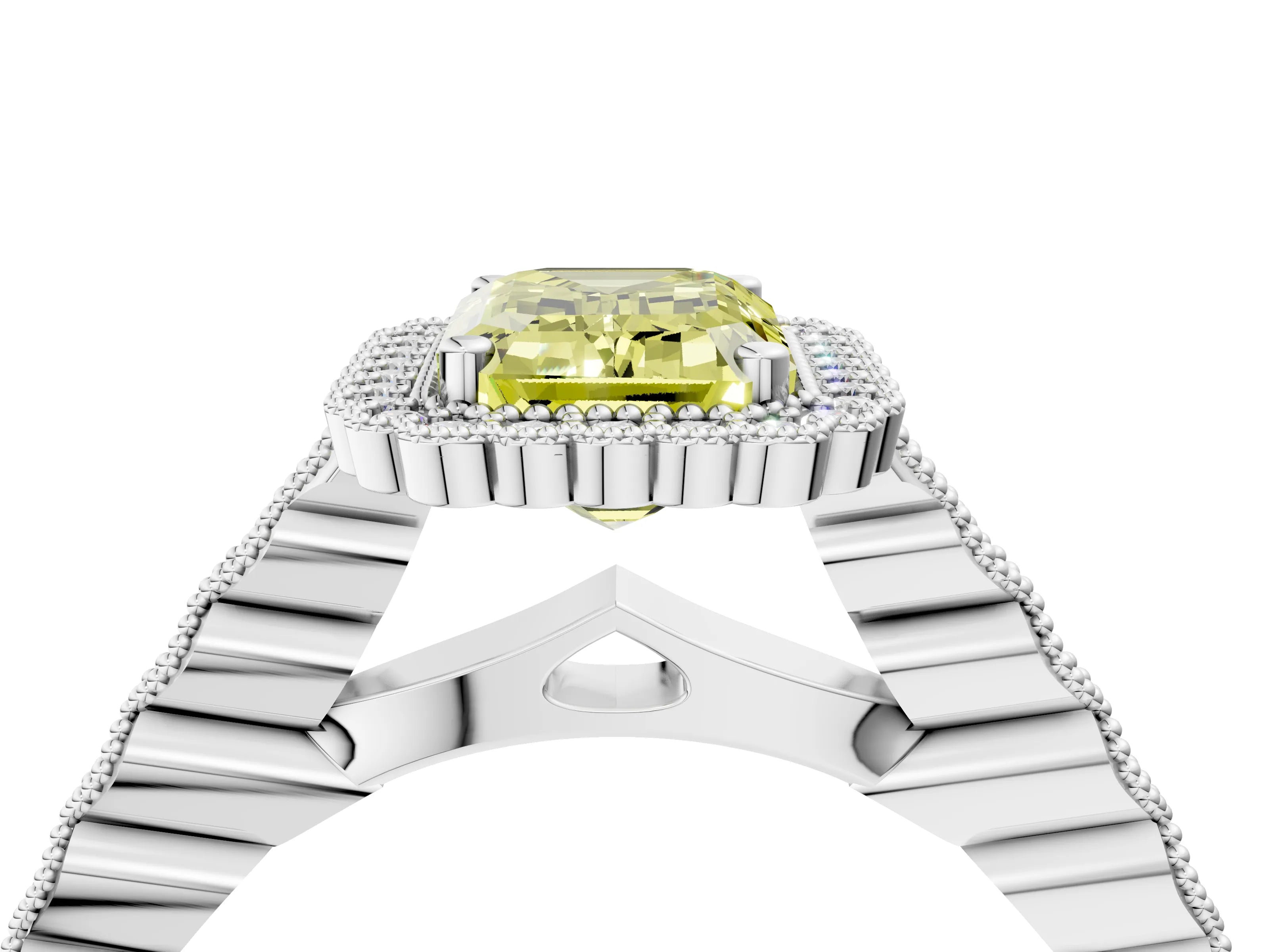 White gold Fancy Yellow Emerald Cut Cut Halo Pavé Solitaire Ring with Milgrain Band_16