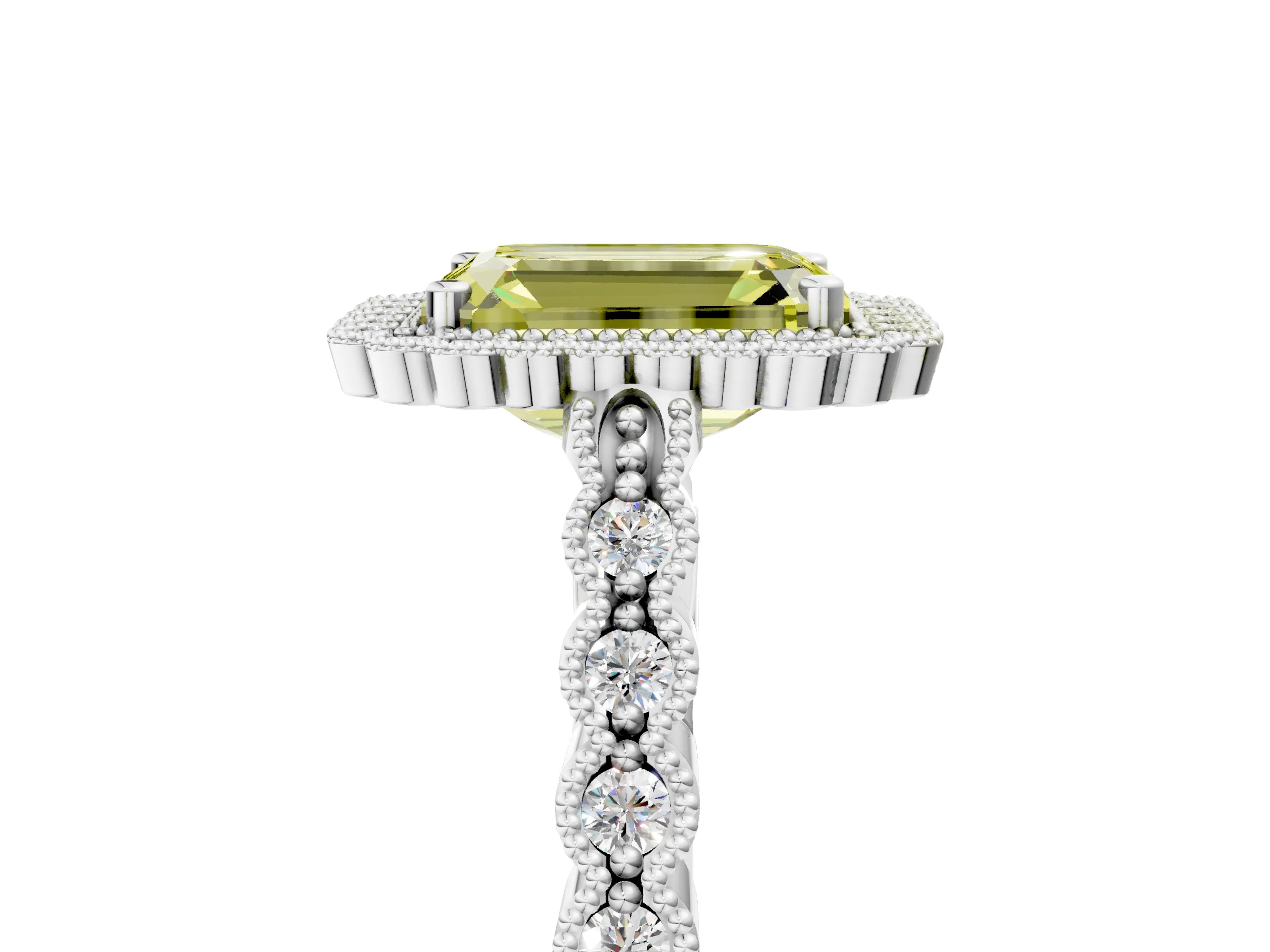White gold Fancy Yellow Emerald Cut Cut Halo Pavé Solitaire Ring with Milgrain Band_17