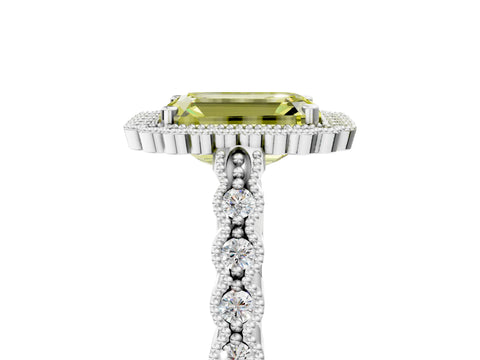 White gold Fancy Yellow Emerald Cut Cut Halo Pavé Solitaire Ring with Milgrain Band_17