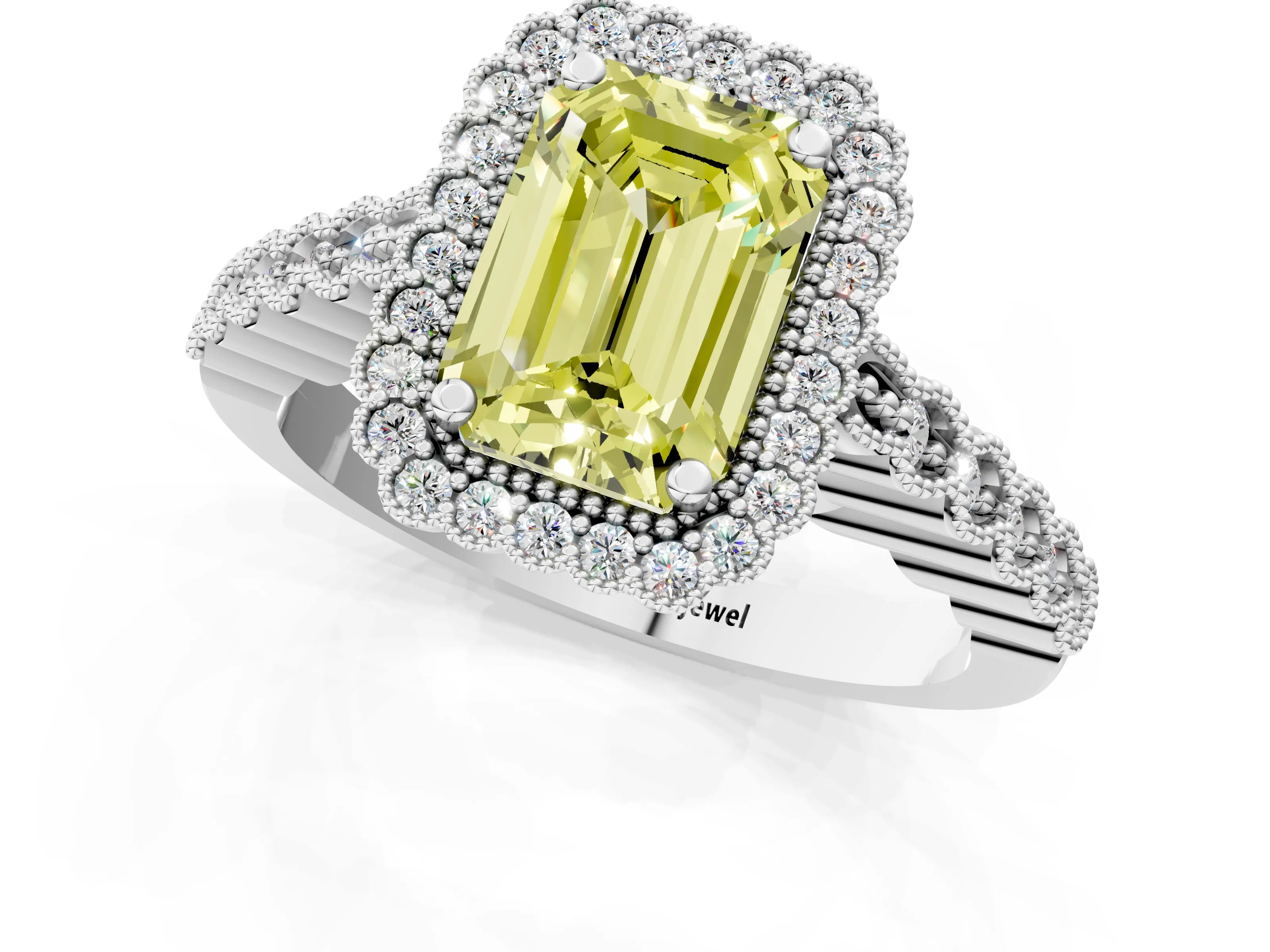 White gold Fancy Yellow Emerald Cut Cut Halo Pavé Solitaire Ring with Milgrain Band_1