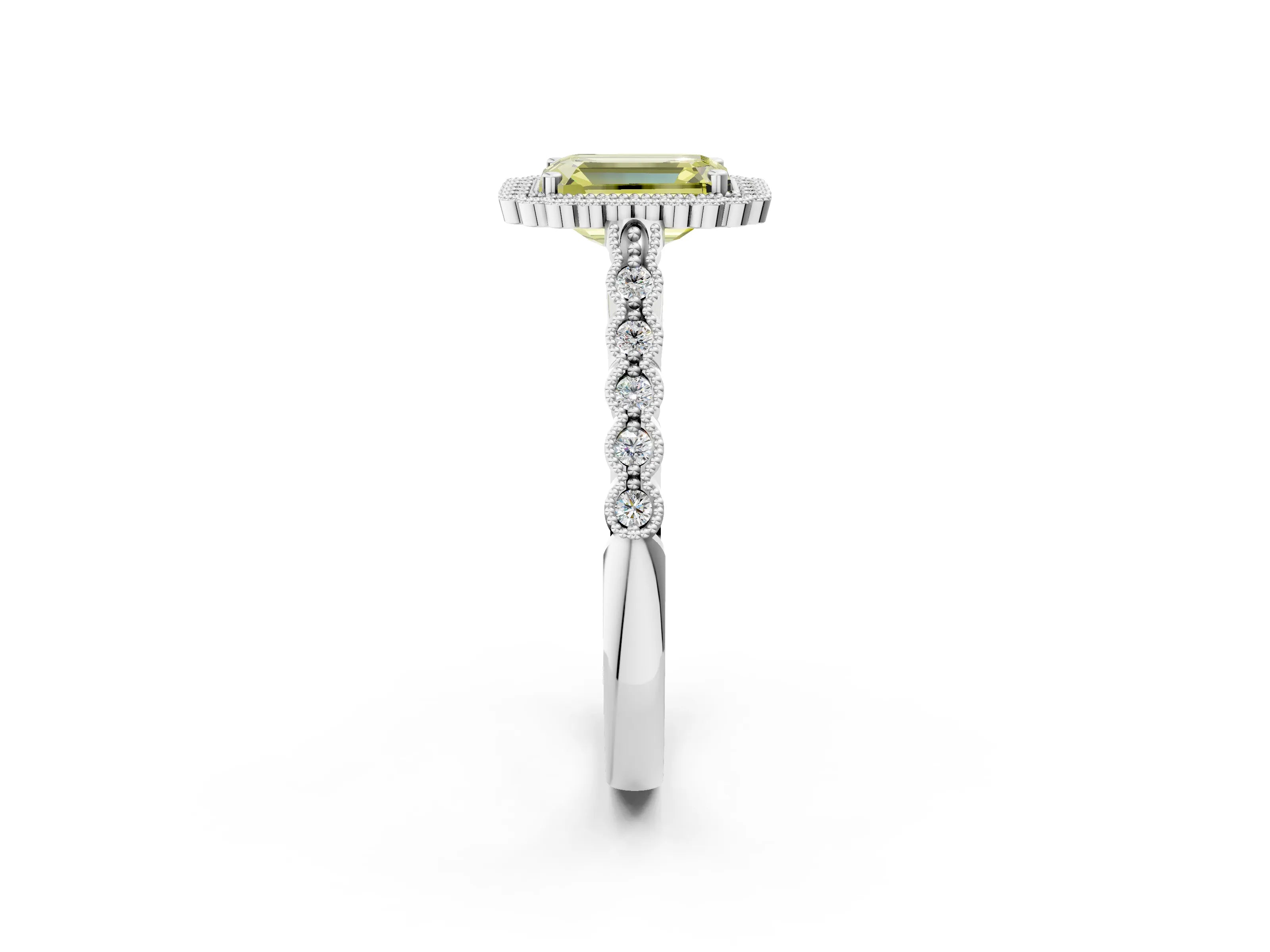 White gold Fancy Yellow Emerald Cut Cut Halo Pavé Solitaire Ring with Milgrain Band_2