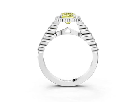White gold Fancy Yellow Emerald Cut Cut Halo Pavé Solitaire Ring with Milgrain Band_3