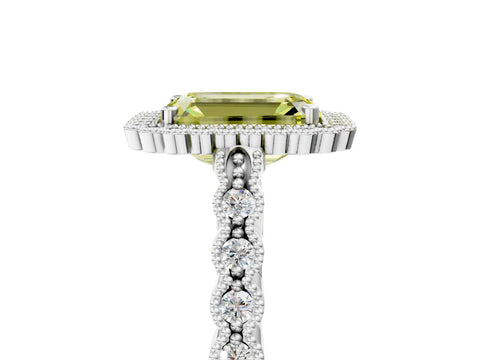 White gold Fancy Yellow Emerald Cut Cut Halo Pavé Solitaire Ring with Milgrain Band_5