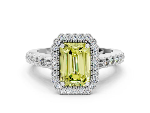 White gold Fancy Yellow Emerald Cut Cut Halo Pavé Solitaire Ring with Milgrain Band