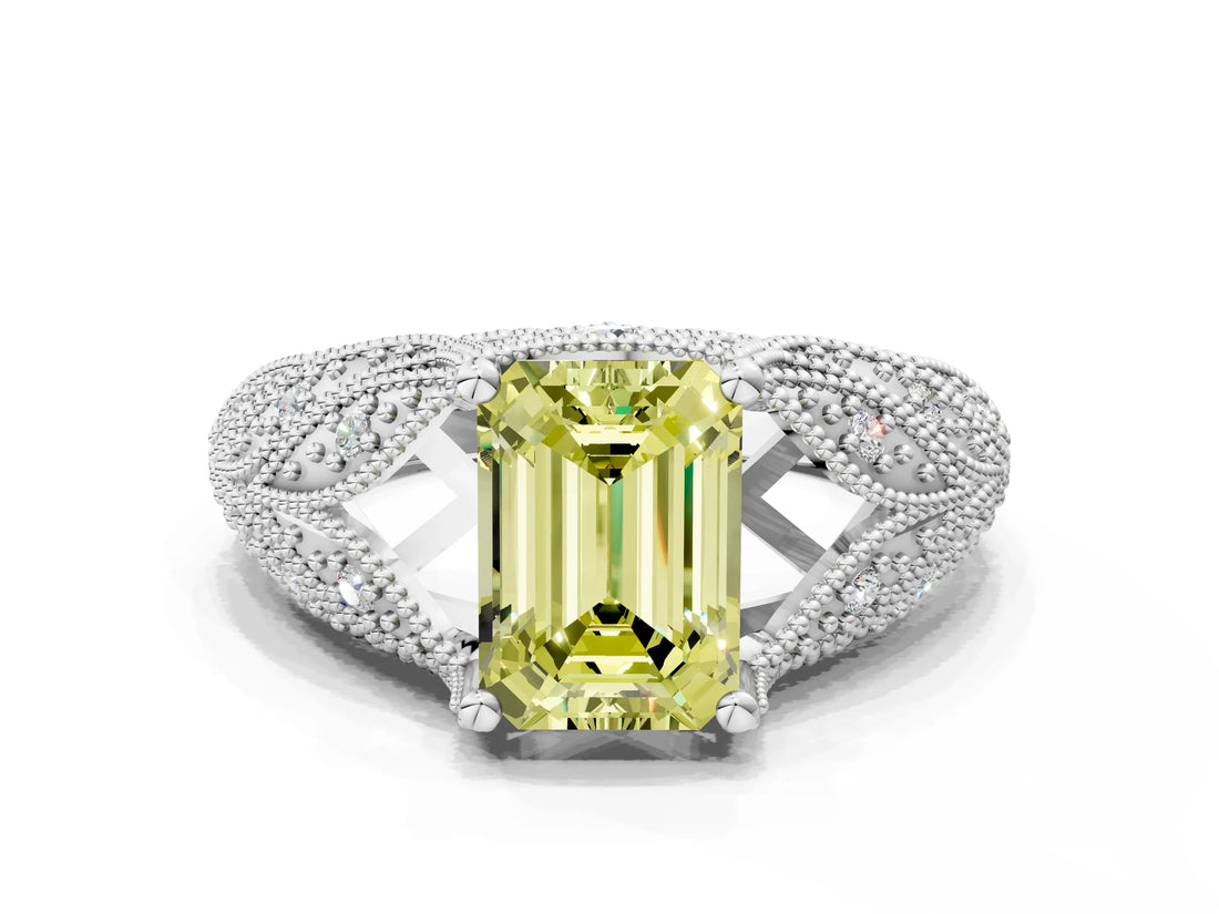 White gold Fancy Yellow Emerald Cut Cut Milgrain Pave Diamond Engagement Ring with Four-Prong Setting_15