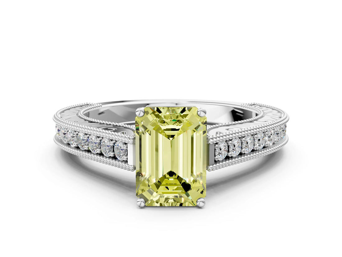 White gold Fancy Yellow Emerald Cut Cut Pave Band Milgrain Solitaire Ring