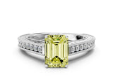 White gold Fancy Yellow Emerald Cut Cut Pave Band Milgrain Solitaire Ring
