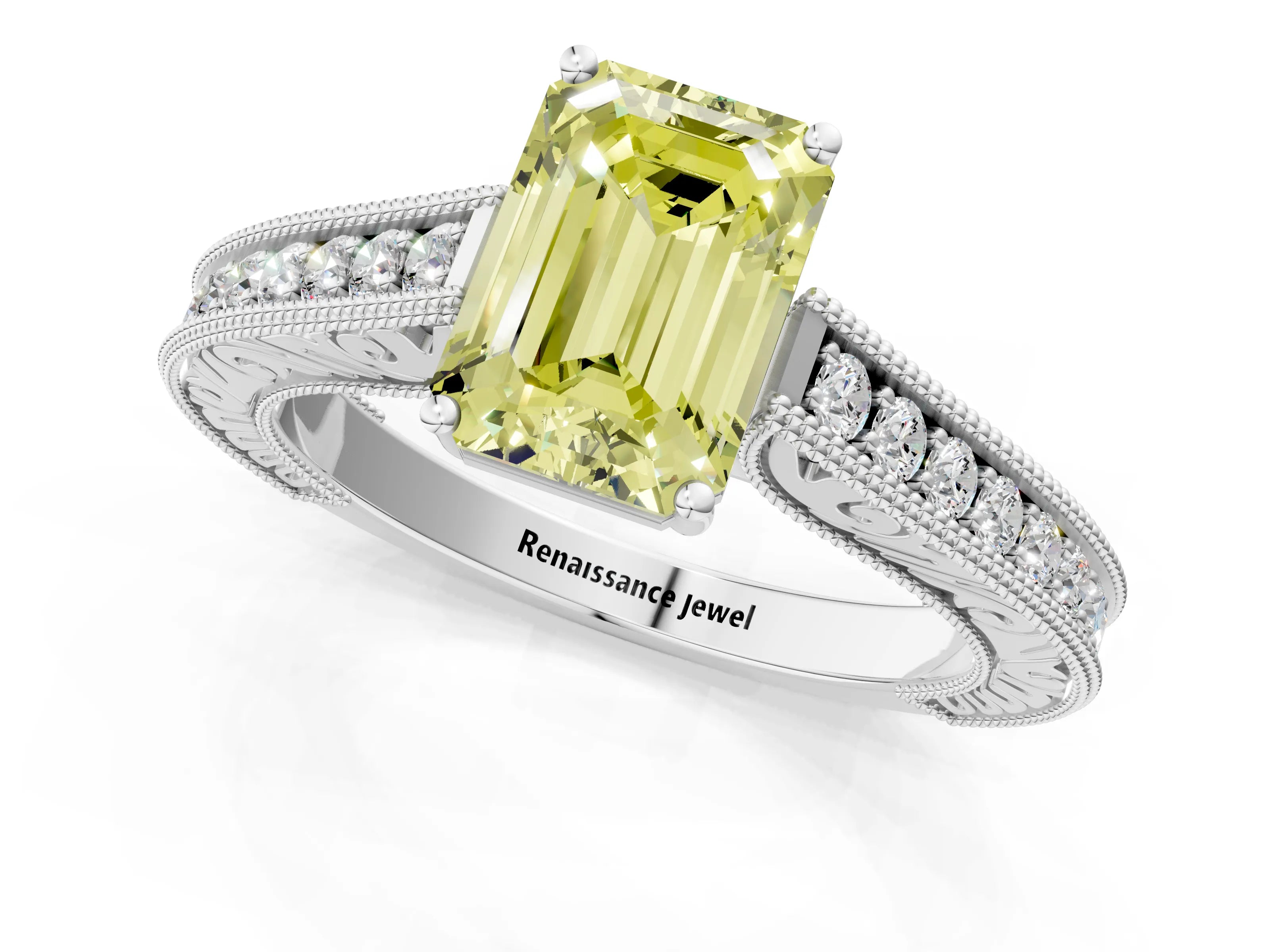 White gold Fancy Yellow Emerald Cut Cut Pave Band Milgrain Solitaire Ring_1