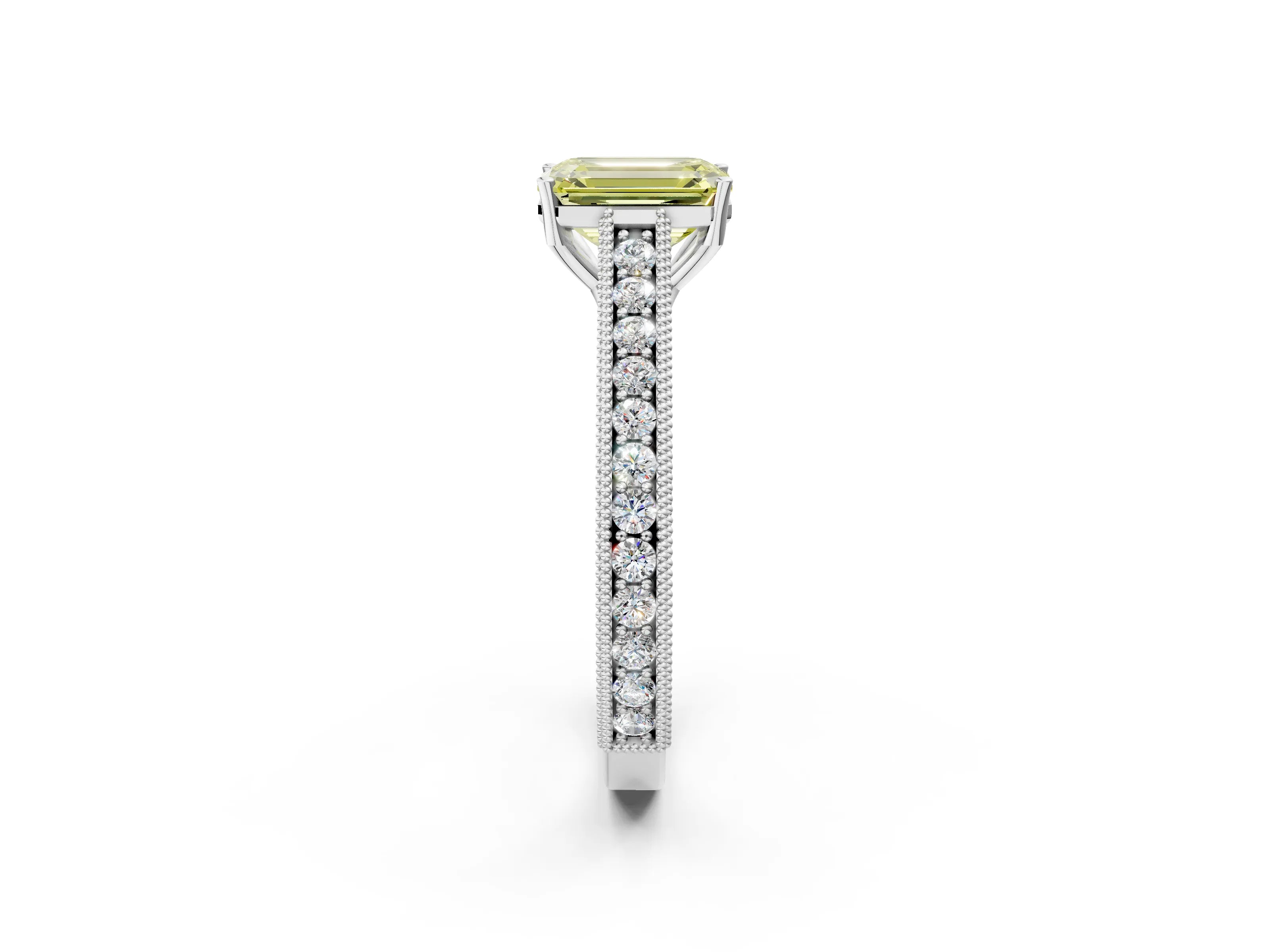 White gold Fancy Yellow Emerald Cut Cut Pave Band Milgrain Solitaire Ring_2
