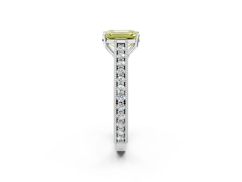 White gold Fancy Yellow Emerald Cut Cut Pave Band Milgrain Solitaire Ring_2