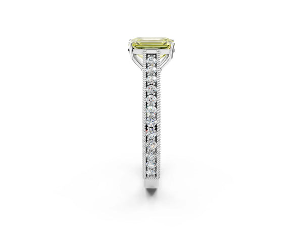 White Gold Emerald Cut Vintage Pave Engagement Ring Setting for Fancy Yellow Center