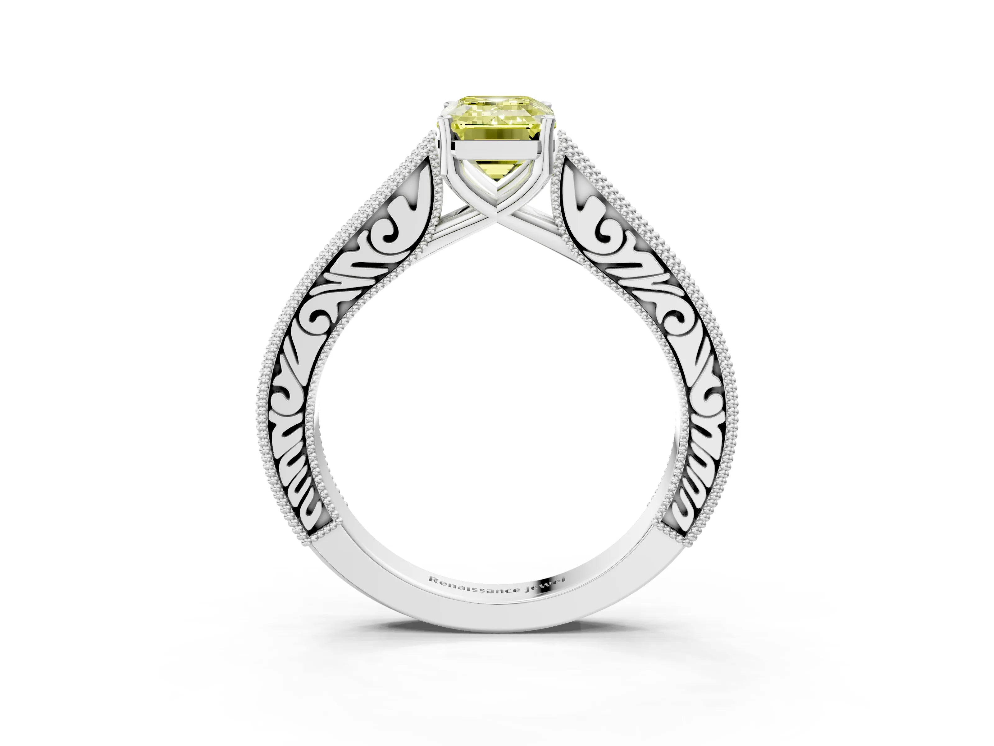 White gold Fancy Yellow Emerald Cut Cut Pave Band Milgrain Solitaire Ring_3