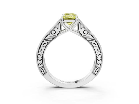White gold Fancy Yellow Emerald Cut Cut Pave Band Milgrain Solitaire Ring_3