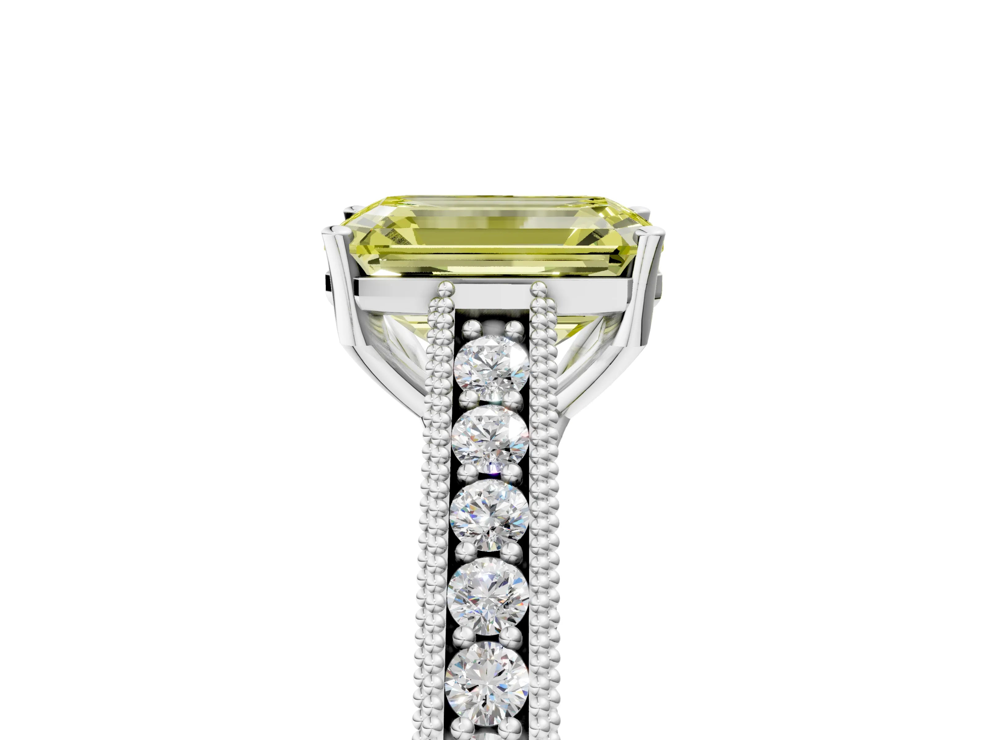 White gold Fancy Yellow Emerald Cut Cut Pave Band Milgrain Solitaire Ring_5