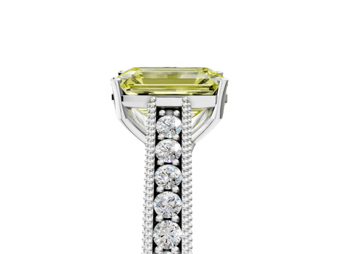 White gold Fancy Yellow Emerald Cut Cut Pave Band Milgrain Solitaire Ring_5