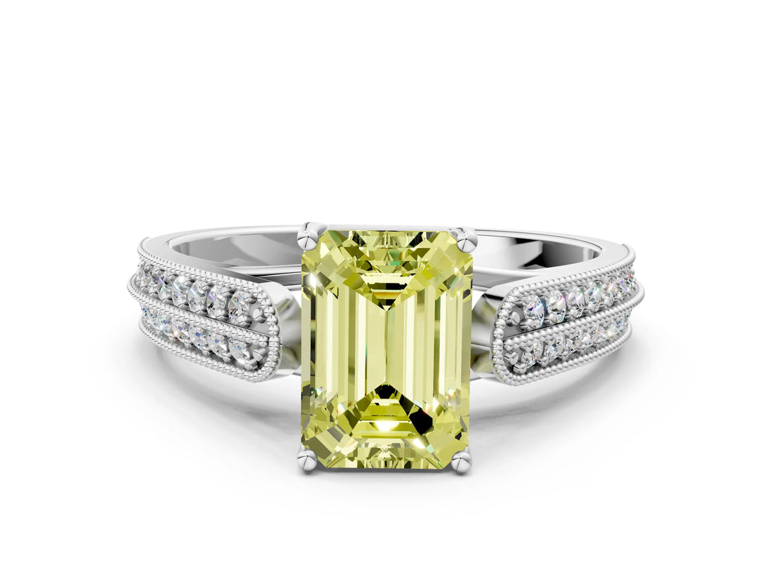 White gold Fancy Yellow Emerald Cut Cut Pave Split Shank Engagement Ring with Four-Prong Setting_12