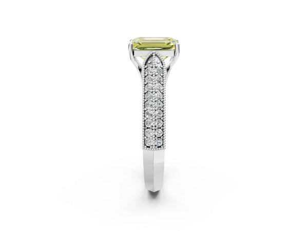 White gold Fancy Yellow Emerald Cut Cut Pave Split Shank Engagement Ring with Four-Prong Setting