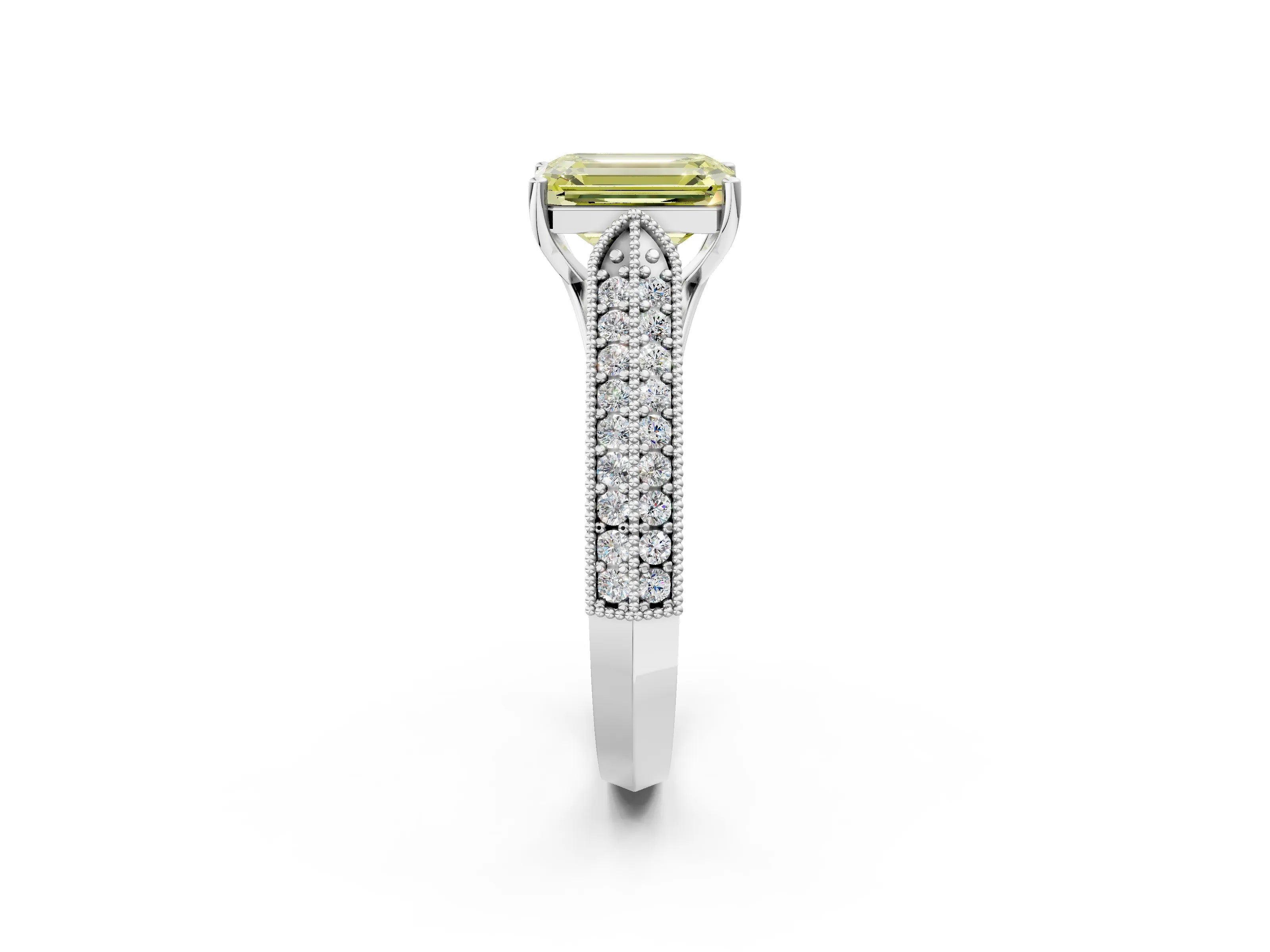 White gold Fancy Yellow Emerald Cut Cut Pave Split Shank Engagement Ring with Four-Prong Setting_14
